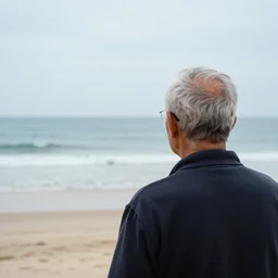 An over the shoulder point of view of an old man standing alone on the beach looking at the ocean.. .