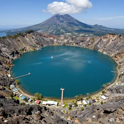 highly detailed portrait of a lagoon lake in an inactive volcano, the blue dock on the water, surrounding village nearby, ultra wide angle, finer details, by victo ngai and greg rutkowski, trending on artstation.