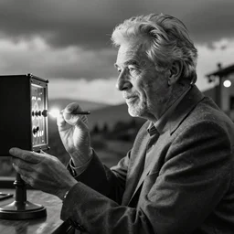 morgan freeman playing with a viewmaster in black and white
