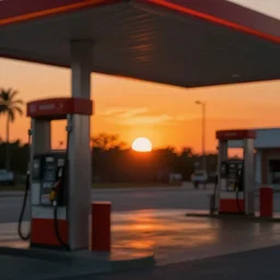 miami gas station background by simon stalenhag, orange sunset, sharp focus, digital art, 4 k, octane, high contrast, abstract