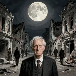 old white - headed man under the huge moon on a street of ruined city by beksinski and takato yamamoto and austin osman spare and edward hopper and mark ryden and tsutomu nihei, very coherent, baroque elements