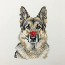 a pencil drawing of a cute shepherd dog, a little red flower on it nose, 8 k