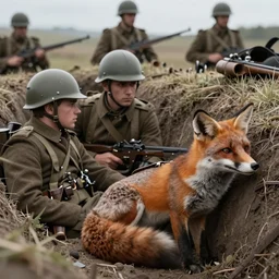 anthro Fox soldiers in a trench resting in the style of WW1 propaganda detailed realistic High Resolution HD 8k