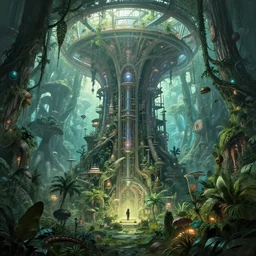 epic alien jungle by greg rutkowski inside a giant laboratory by zaha hadid