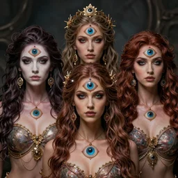 !5 three eyed goddesses, third eyes middle of foreheads, very wide wide shot, very hairy bodies, beautiful colors, eyes in forehead, beautiful lighting, detailed photographs, very detailed