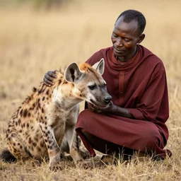 spotted Hyena gets cuddles from an African tribesman, Realistic, HDR, Clear Image