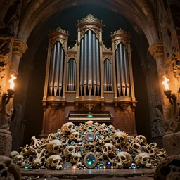 epic view of an ornate pipe organ on a pile of bones in a vaulted cavern with torches, hyper real, Indiana Jones, Tomb Raider, trending on artstation, concept art, cinematic, jewels, by Greg Rutkowski
