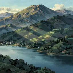 lakeside mountains, by hayao miyazaki