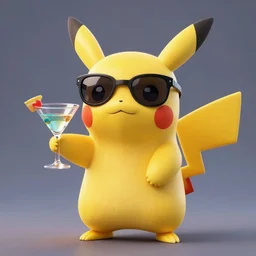 a beautiful 3d render of a realistic pikachu holding a martini and wearing sunglasses, by nintendo