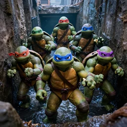 Epic shot of Teenage Mutant Ninja Turtles coming out from the sewers