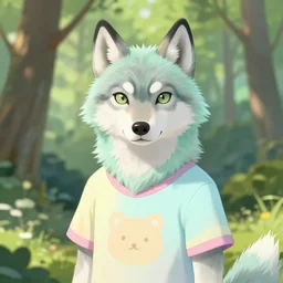Beautiful portrait drawing of an anthro anthropomorphic mint-wolf, wearing a cute pastel t-shirt, in Summer, at a forest. digital art
