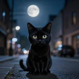 black cat with big eyes in the middle of the street at mid night with the moon in the sky. Award winning. Unreal 5. Realistic. Highly detailed. Artstation. Professional photographer.