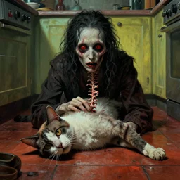 cinematic colorful horror artwork by artgerm, beksinski, bernie wrightson, jean delville ; real life full portrait of dead cat with neck bent top of the head touching spine, lying on kitchen floor ; haunting, brutal scary terrifying, 8 k hdr, creepy intricate ; dramatic lighting, insanely detailed