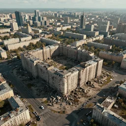 an 8K photograph of a wartorn soviet city with elements of a modern city viewed from a birds eye view dystopian wasteland, hyperrealism photorealistic photography hyper real resolution cinematic, Beautiful, Vray, Octane Render