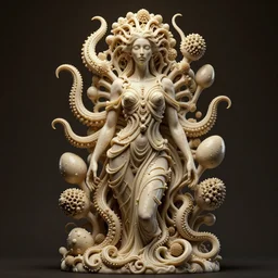 “carved organic female biohorror sculpture, draped with tentacles, egg pods, Mandelbulb 3D fractal, trending on artstation, beautifully lit, hyper detailed, intricate, elegant, elite, ornate, dramatic lighting, CGsociety, hypermaximalist, golden ratio, octane render, micro details, structure, ray trace 4k, epic”