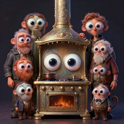 anthropomorphic highly detailed group portrait of funny neon giant cute eyes animated stove, intricate, elegant, highly detailed, digital painting, artstation, concept art, smooth, sharp focus, illustration, art by artgerm, bob eggleton, michael whelan, stephen hickman, richard corben, wayne barlowe, trending on artstation and greg rutkowski and alphonse mucha, 8 k