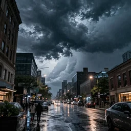 a severe storm rain night in New York, cold lighting, street view, photorealistic