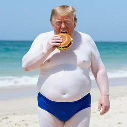 donald trump in swimming shorts, translucent white skin, morbidly obese, eating a burger on the beach