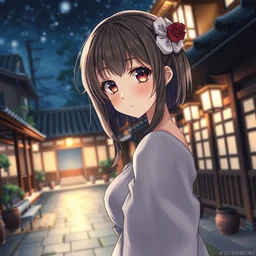 upper - body illustration of highly detailed beautiful anime girl by davinci walking through a japanese courtyard at night, depth of field, pretty and stunning face and eyes, 8 k, pixiv, danbooru, gelbooru
