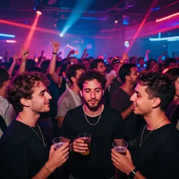 in the front 3 friends partying with drinks in their hands, in the back a huge crowd and neon light, abstract