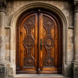 front view of a celtic door made in wood, art by James Jean and Wayne Barlowe, high detail, cinematic, cgsociety 8k