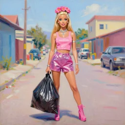 still from music video of barbie from die antwoord standing in a township street, wearing a trashbag garbage bag and flowers, street fashion, full figure portrait painting by martine johanna, ilya kuvshinov, rossdraws, pastel color palette, shiny plastic, detailed impasto brushwork, impressionistic