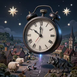 clock floating in the sky, stars with human teeth, sheep and evil wolf in picturesque town square, claws coming off the road, midnight scene, detailed, gothic, intricate details, by vincent di fate, artgerm, smooth gradients, octane render, 8 k, volumetric lightning, high contrast, depth of field, bird's eye view