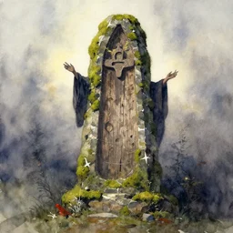 abstract watercolor painting of witch god monument, in stone and wood, moss, magical and traditional, cinematic light, national romanticism by anders zorn