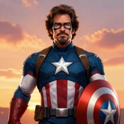 Bob Ross as captain america, digital art, concept art, sunset sky in the background, symmetrical, highly detailed, high quality, concept art, Deviant Art, anime style