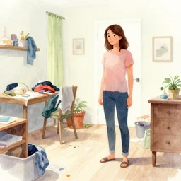 woman adhd - ip stands in her messy house. watercolour