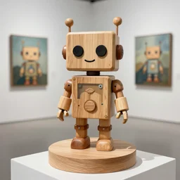 ultra realistic 8k octan photo, wooden art toys on base cute robot , concept art ,contemporary art gallery