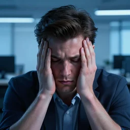 an insanely detailed portrait of a handsome man head in his hands, depressing corporate office background, blue shade in the style of peter mohrbacher, artgerm, dramatic lighting and composition, octane render, trending on artstation, concept art
