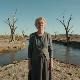 full shot of a 65-year-old Gaia, crying emotionless, facing the camera and standing in front of a dried up river in a desolate land, dead trees, blue sky, hot and sunny, highly-detailed, elegant, dramatic lighting, artstation, 4k, cinematic landscape, photograph by Elisabeth Gadd