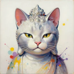 buddha cat portrait an oil painting splashes with many colors and shapes by gustav klimt greg rutkowski and alphonse mucha, polycount, generative art, psychedelic, fractalism, glitch art