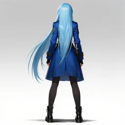 low - angle shot from behind of a long light blue - haired girl in a blue tailcoat with a scabbard, combat boots, noir, screenshot, sharp focus, intricate, illustration, cell shaded, digital painting, highly detailed, straight hair, art by ilya kuvshinov, wlop, shutterstock, greg rutkowski, studio quality, james jean
