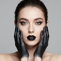 a beautiful woman with black - painted hands on her face