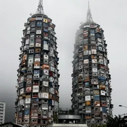 two giant towers, made up of makeshift squatter shacks, misty, dystopia, mamiya rb 6 7, fully frontal view, very detailed, photographed by tarkovsky