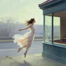 an ethereal dream of a woman floating by edward hopper and steven outram, hd, 8 k