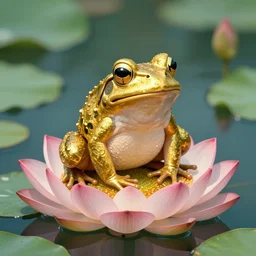 a golden frog standing on a lotus, digital art, trending on artstation
