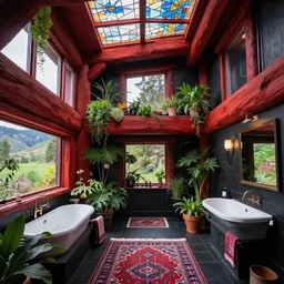 all black bathroom inside of a psychedelic modern ecopunk frank lloyd wright shotgun house mansion made entirely of redwood in the mountain valley of colorado, lots of plants and stained glass ceilings and persian rugs