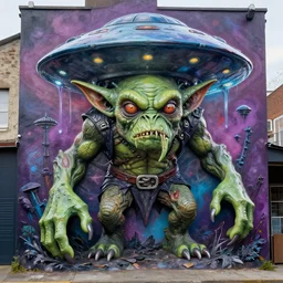 an 8 k photo real glossy hi res volumetric lighting 8 0 mm graffiti mural depicting a gremlin ufo orc zardoz lovecraft stranger things lord of the rings beast monster frightening clay sculpture