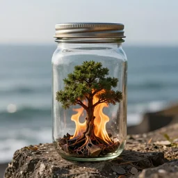 glass jar with a miniature tree on fire inside the jar, standing on a cliff, bokeh, ocean in the background, metal lid, hyperrealistic, highly detailed