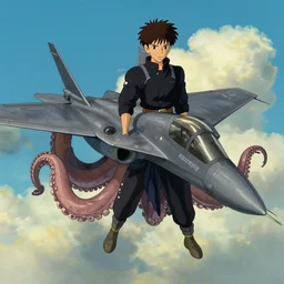 studio ghibli fighter jet in kill bill with octopus tentacles in the style of andrew jackson