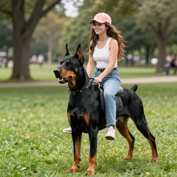 girl riding a giant doberman dog in the park, trending on artstation