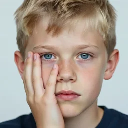 portrait of a boy with his hand on his face, extremely realistic and real, photorealistic, blonde hair and blue eyes, detailed facial structure, real eyes that are detailed, real hands