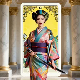 giesha demon wearing a kimono + holding a samurai sword, innovative avant - garde art, deco fashion, photorealistic portrait, crisp quality and light reflections, inside a room with marble columns, transcendent, vibrant color, clean linework, finely detailed, tarot card with ornate border frame, 4 k, trending on artstation, volumetric lighting, octane render, award winning, rule of thirds