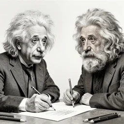 Einstein and Newton speaks each other on a topic, pencil drawing, ultra detailed