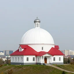 white dome red roofmansion on a hill, with postsoviet city in the background distance