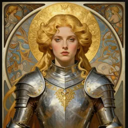 masterpiece head-on symmetrical centered painted portrait, Imogen Poots as a warrior paladin, blonde hair, golden halo, ornate iron armour, Mucha art nouveau style, elegant, distant, in the style of Edgar Maxence and Ross Tran and Zdzisław Beksiński and Michael Whelan and gustav dore and H.R. Giger, 8k, octane render
