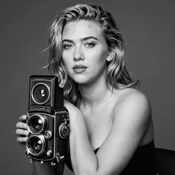photo of Scarlett Johansson by Diane Arbus, black and white, high contrast, Rolleiflex, 55mm f/4 lens